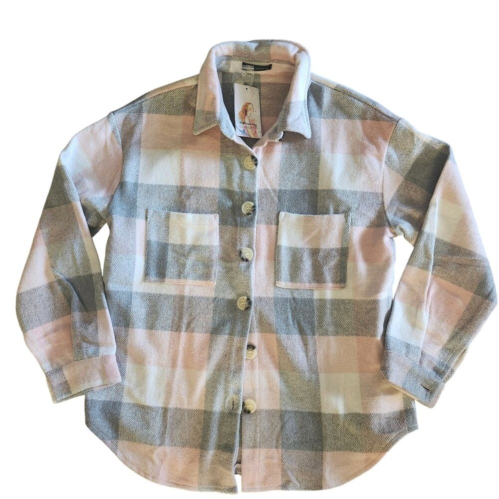 Medium Plaid Button Shacket Brushed Flannel Shirt Jacket Pockets Prettygarden